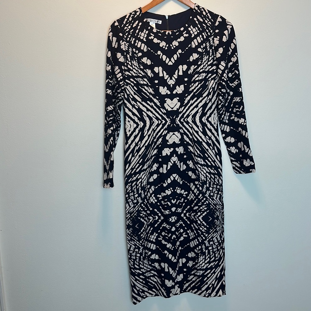 Maggy London Womens Navy Cream Pencil Dress Asymmetric Geo Print size 4